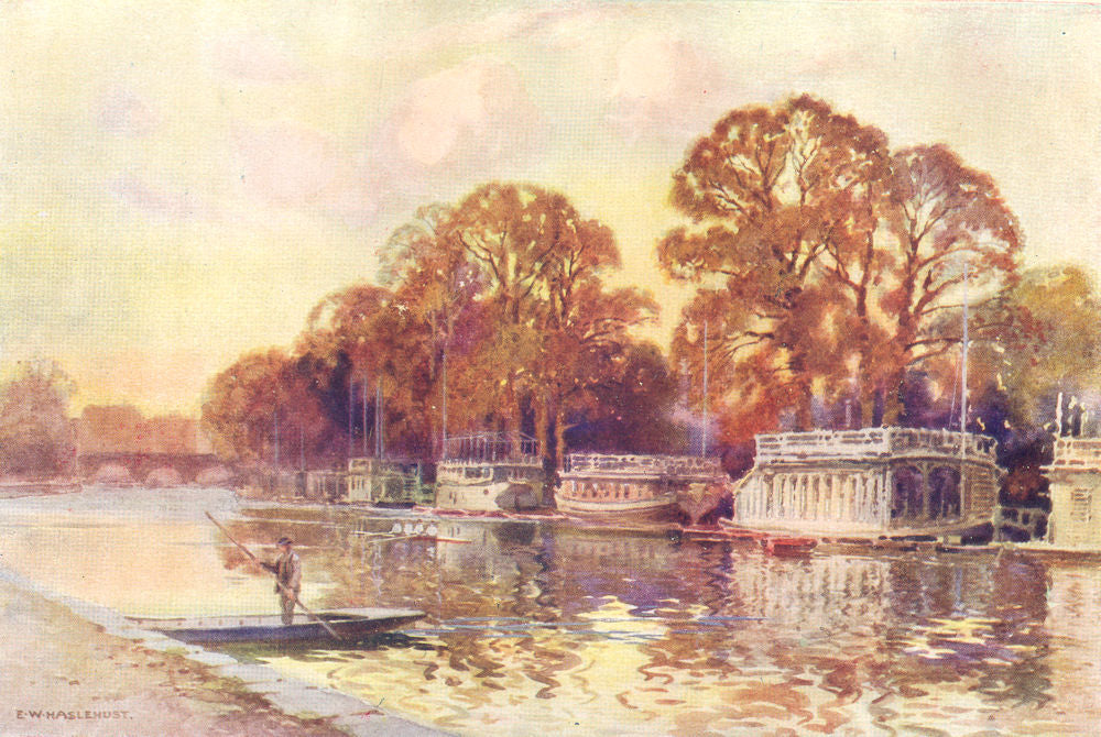 The College Barges and Folly Bridge. Oxford. By Ernest Haslehust 1920 print